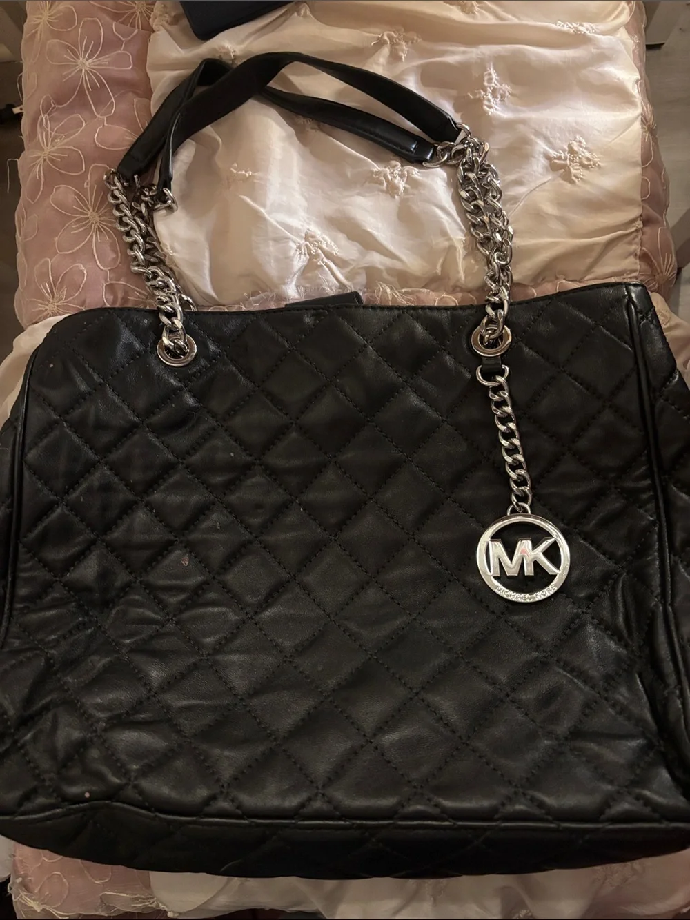 Michael Kors Black Quilted Tote with Silver Chains & Silver MK Charm-